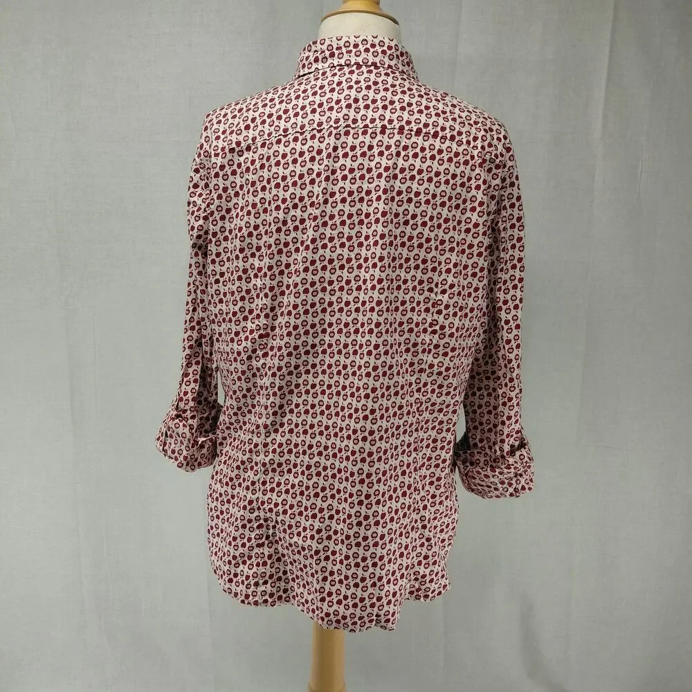 Talbots Apple Print Rolled LS Sleeve Button Down Blouse Red Size 16 - Picture 10 of 10